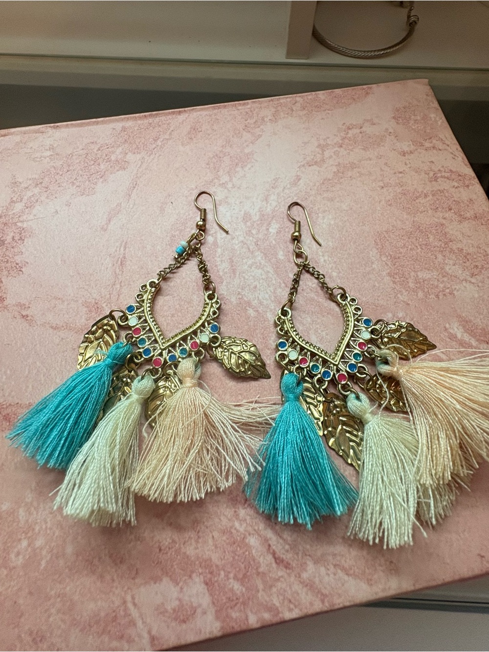 Vintage Boho Tassel Drop Earrings in Teal and Cream so beautiful 😻